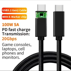 Black 0.5M/1M USB C wire type c cable 100W 5A USB 3.2 Gen 2 PD charging support for Huawei samsung xiaomi macbook use