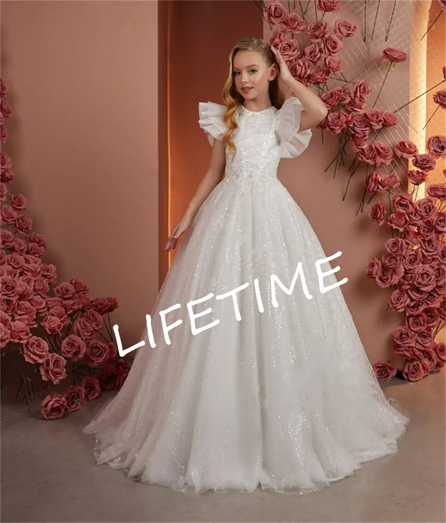 Blumen mädchen Kleid weiß flauschigen Tüll funkeln Applikation Rüschen ärmel Hochzeit Blume Kind Erstkommunion Geburtstags feier Kleid