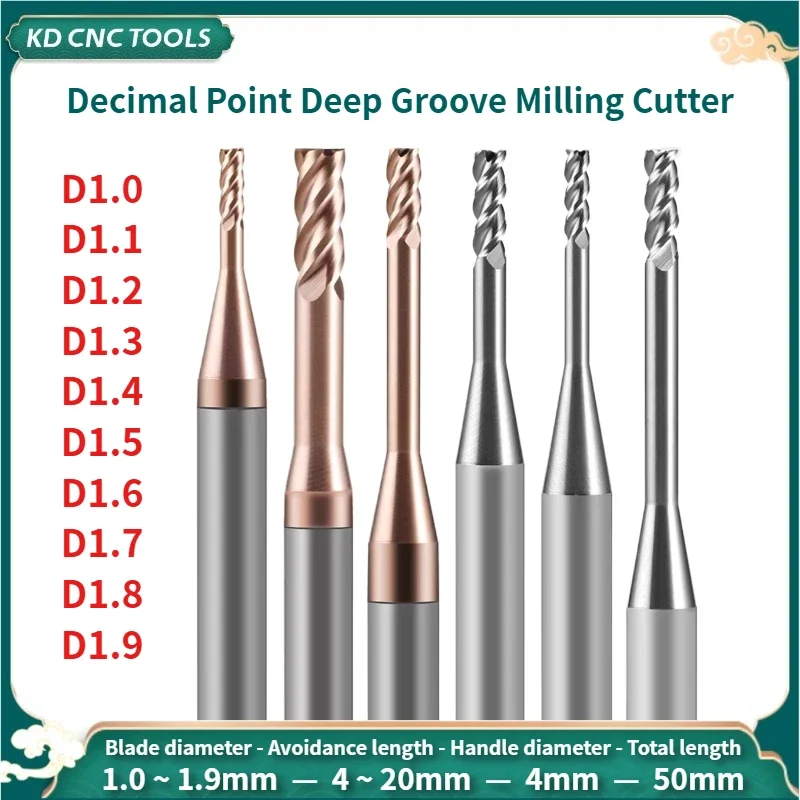HRC60 3/4Flute Decimal Point Solid Carbide Long Neck Milling Cutter Deep Groove 1.0 1.1 1.2 1.3 1.4-1.9 Small Diameter End Mills