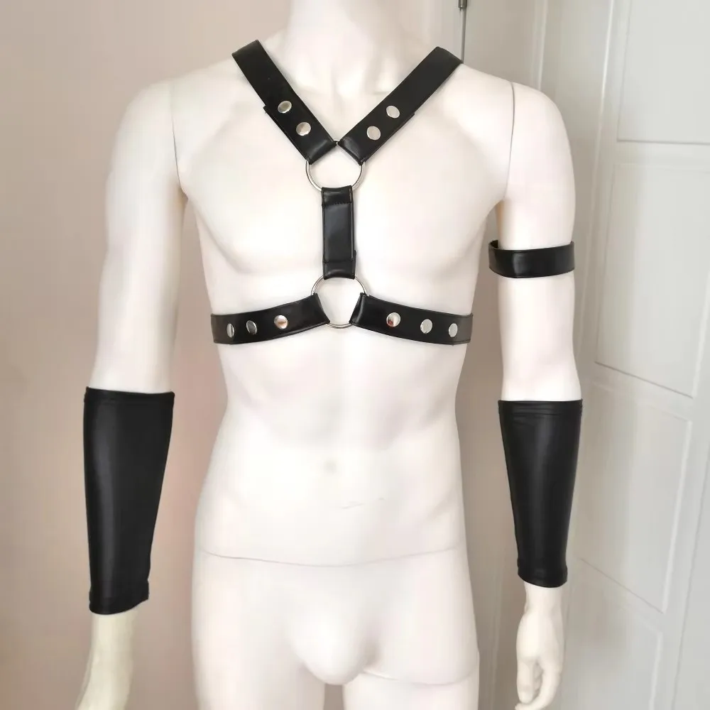 Men\'s Black Leather Harness Fitness Men Pecs Bigger Muscle Harness Chest Belt with Mask