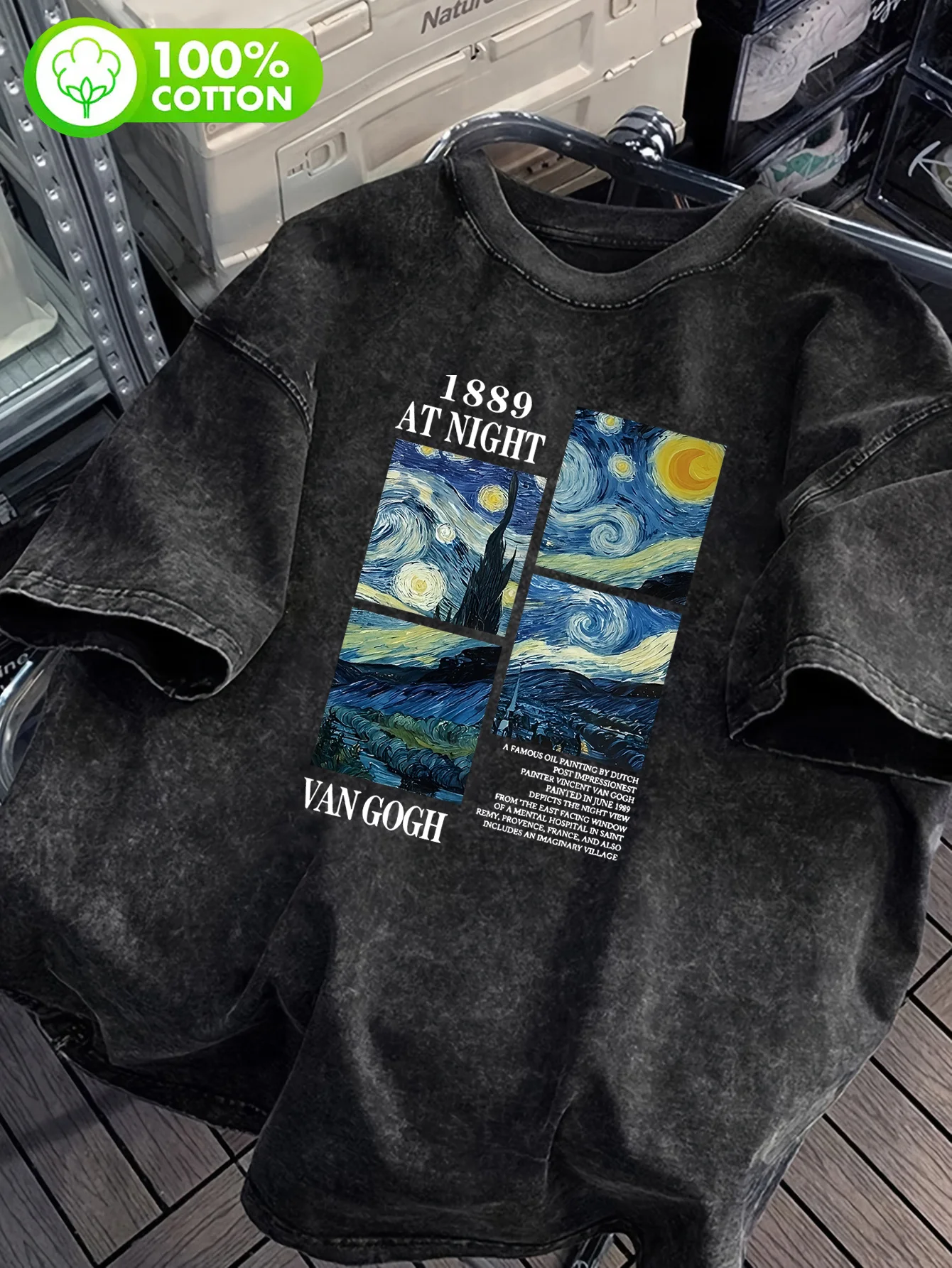 Men 100% Cotton Vintage Washed Van Gogh Starry Night Print T Shirt Retro Art Crew Neck Summer Casual Oversized Street Top S-3XL
