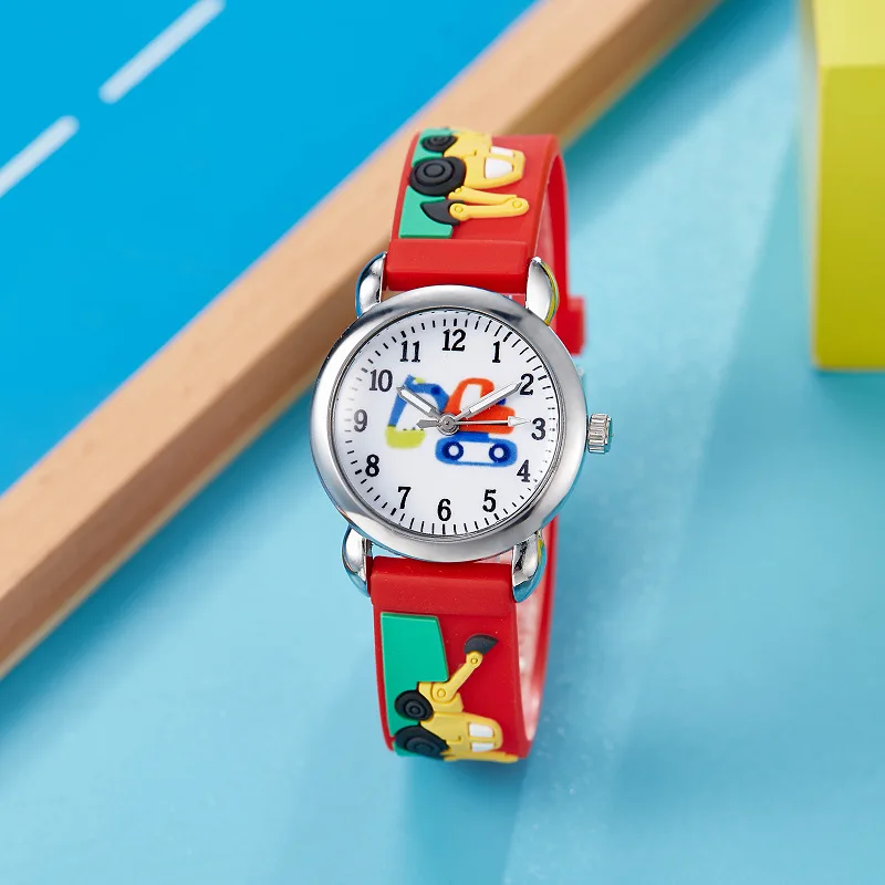 Reloj para niños con patrón de excavadora, relojes de cuarzo con correa de silicona para estudiantes y niñas, relojes impermeables de dibujos animados para estudiantes