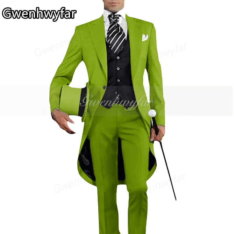 

Gwenhwyar Bright Green Men's Suits 3 Pcs Long Tail Jacket Gentleman Groom Tuxedo Wedding Prom Men's Blazer Clothing Men's Jacket