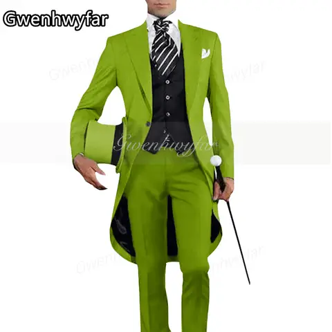 Gwenhwyar parlak yeşil erkek takım elbise 3 adet uzun kuyruk ceket beyefendi damat smokin düğün balo erkek Blazer giyim erkek ceket