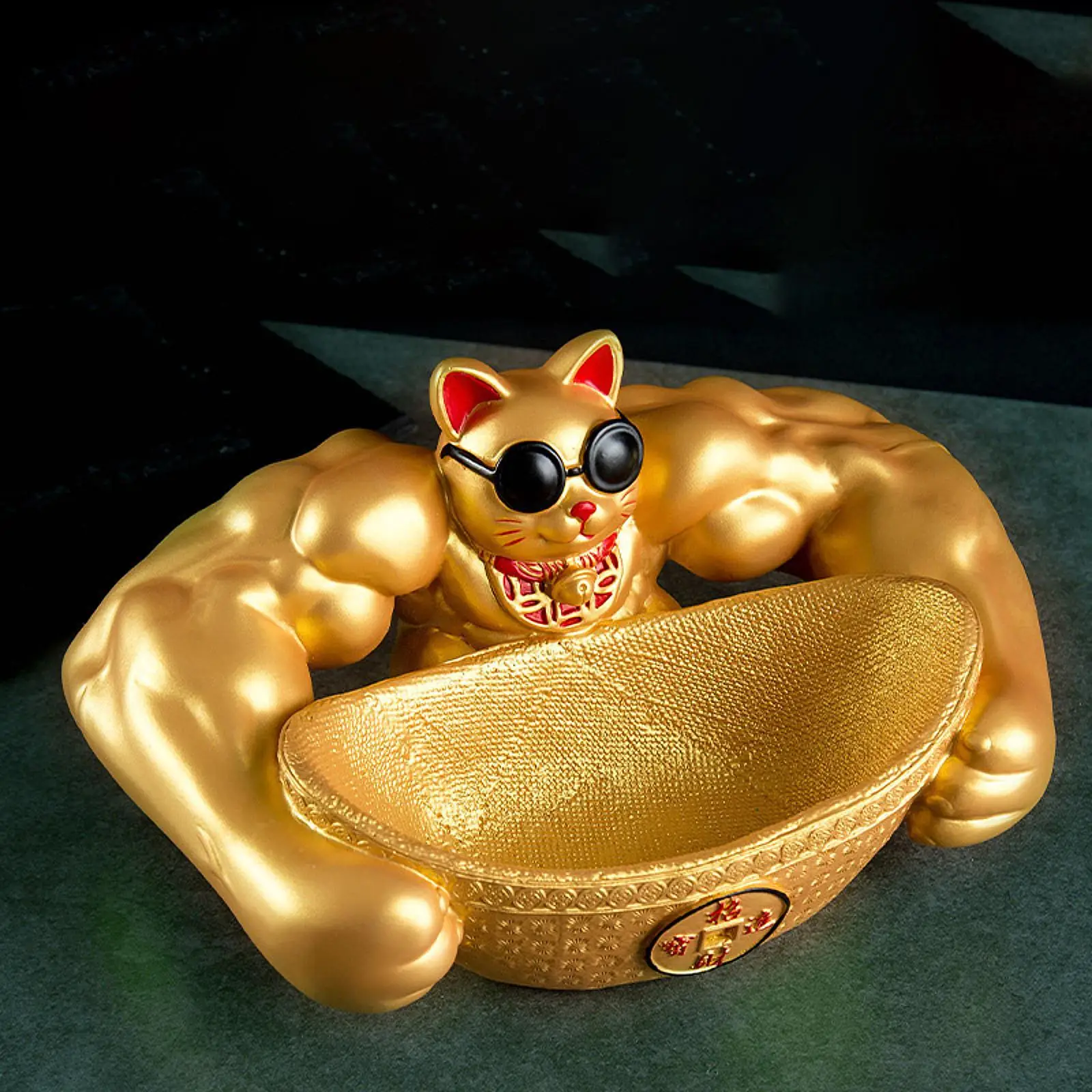 

Фигурка кошки с мышечной рукой, ящик для хранения кошек, статуя животного фэн-шуй, статуя кошки для настольного магазина, подарок на день рождения
