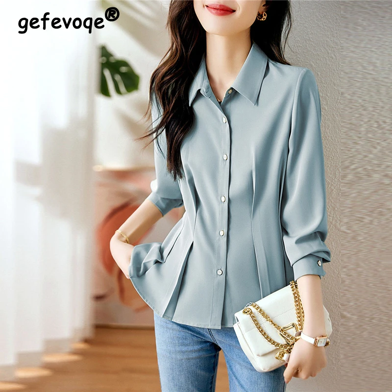 

Women Ruffled Elegant Chic Button Shirts Korean Fashion Simple Business Casual Office Lady Blouse Solid Long Sleeve Tops Blusas