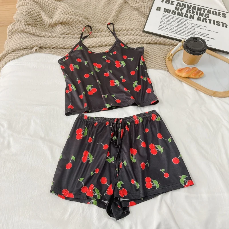 المرأة عارضة بيجامة السيدات مثير ملابس خاصة طباعة جولة الرقبة الحرير الجليد أعلى تي شيرت والسراويل مجموعات تنفس مريحة ملابس المنزل