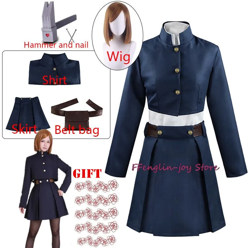 Anime Kugisaki Nobara Cosplay Costume Wig Hammer Women Suit Outfit Uniform with Bag Belt Girl School Uniform