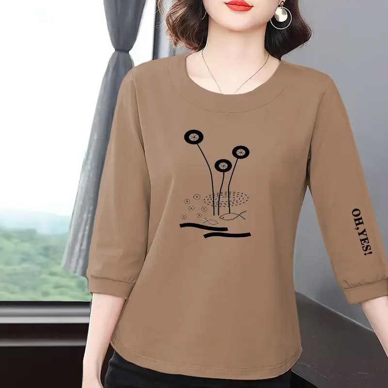 2024 New Summer Commuting Minimalist Casual Loose Pure Cotton Three Quarter Round Neck Solid Color Printed Women's T-shirt Top