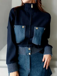 2024 Y2K Zipper Short Jacket Coat Women Korean Fashion Cropped Tops Long Sleeve Autumn Winter Coat Pocket Patchwork Overcoat