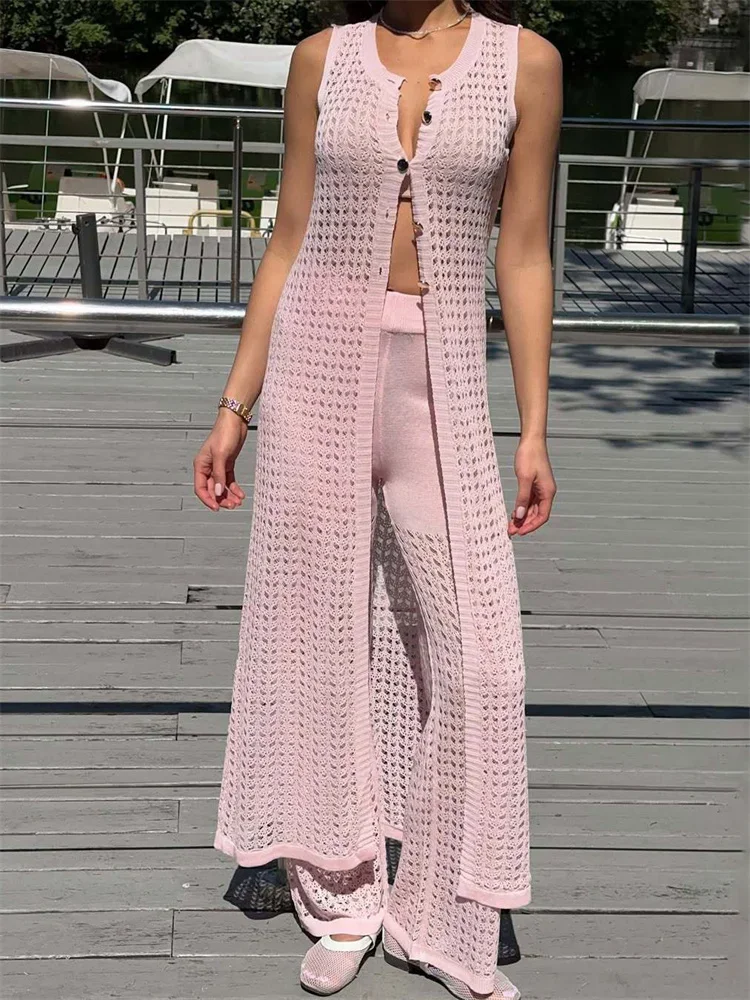 

New Knit Fashion Cardigan 2 Piece-Set Women Pants Beach Holiday Loose Cover up See-Through Trousers Outfits Knitwear Pant Sets