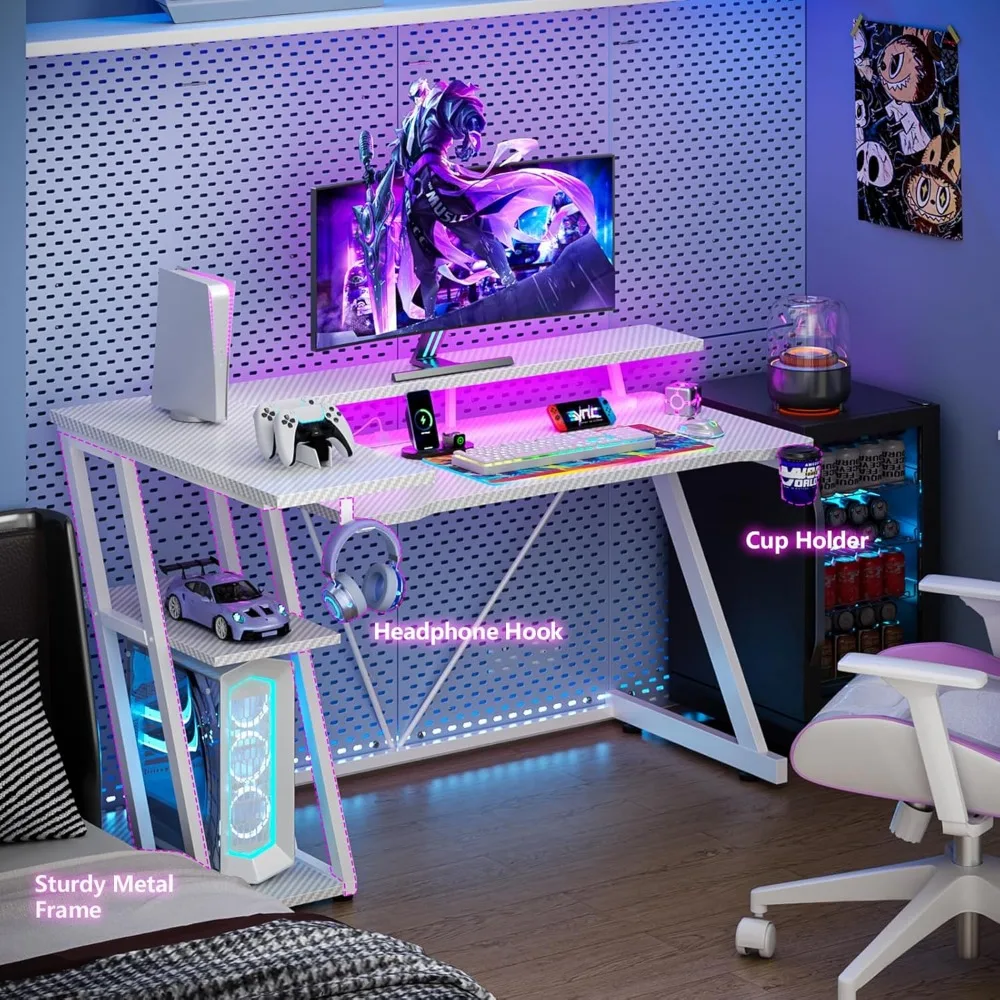 L-Shaped Gaming Desk with LED Lights and 3-Tier Storage, 47 Inch White Corner Computer Desk with Power Outlet