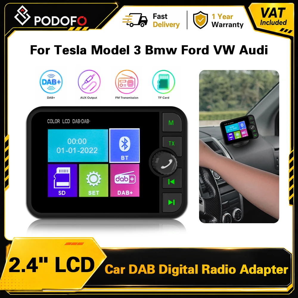 Podofo Auto DAB Digitalradio BT MP3 Farbgrafik-Display Bildschirm Autozubehör DAB+ Empfänger BT Freisprechfunktion FM-Transmitter Auto Schnellscan für Europa Australien Autoradio