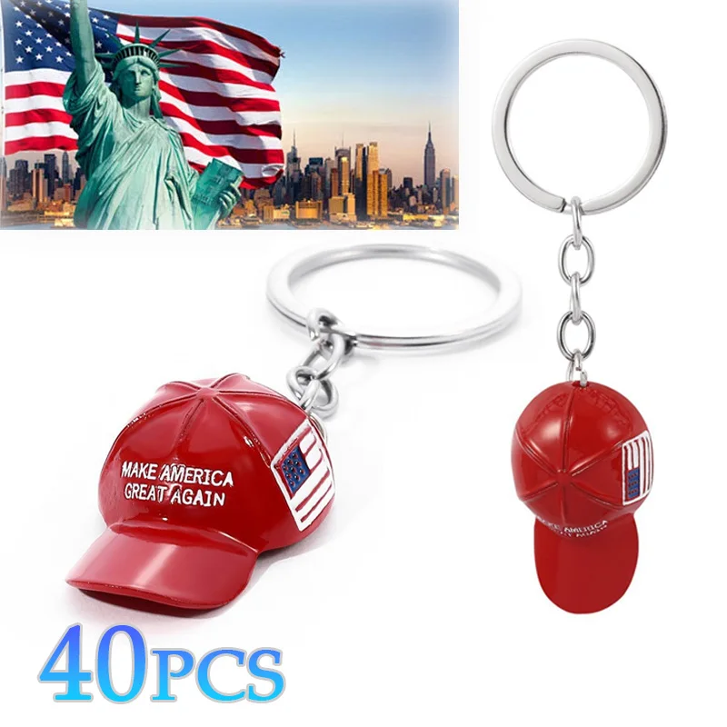 Trump Red Hat Pendant Keychain American Flag Hat Make America Great Again Metal Key Chain for Men Mesh Cap Car Key Ring Jewelry