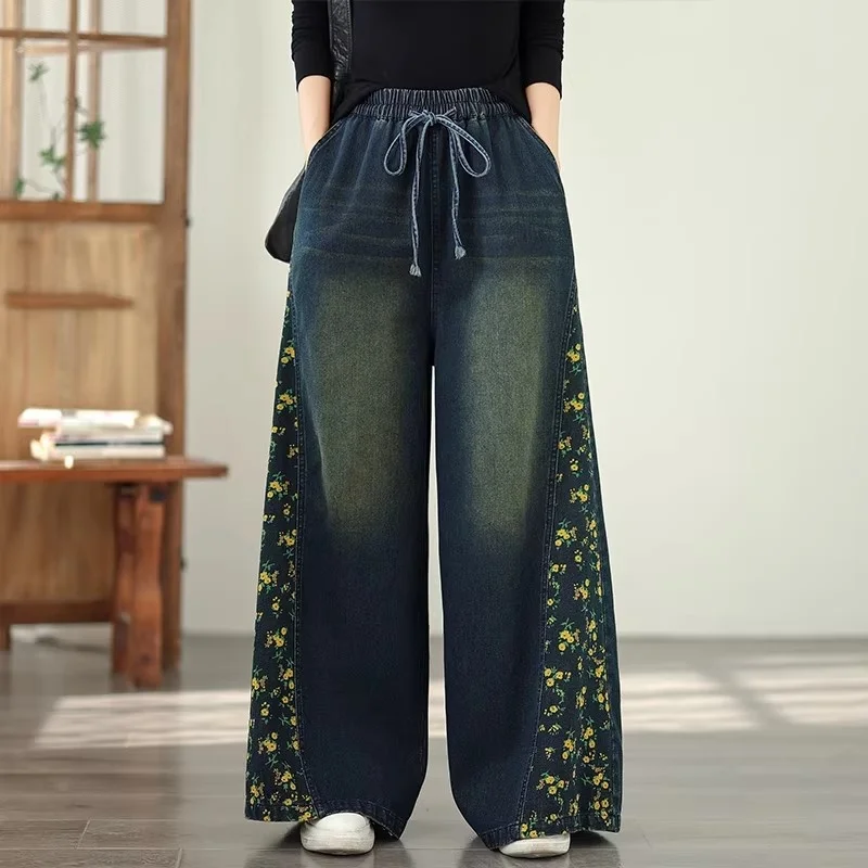 Oversized Denim Pants - Floral Patchwork Wide Leg Jeans, Elastic Waist, Loose Fit Casual Straight Leg Trousers (W2140)