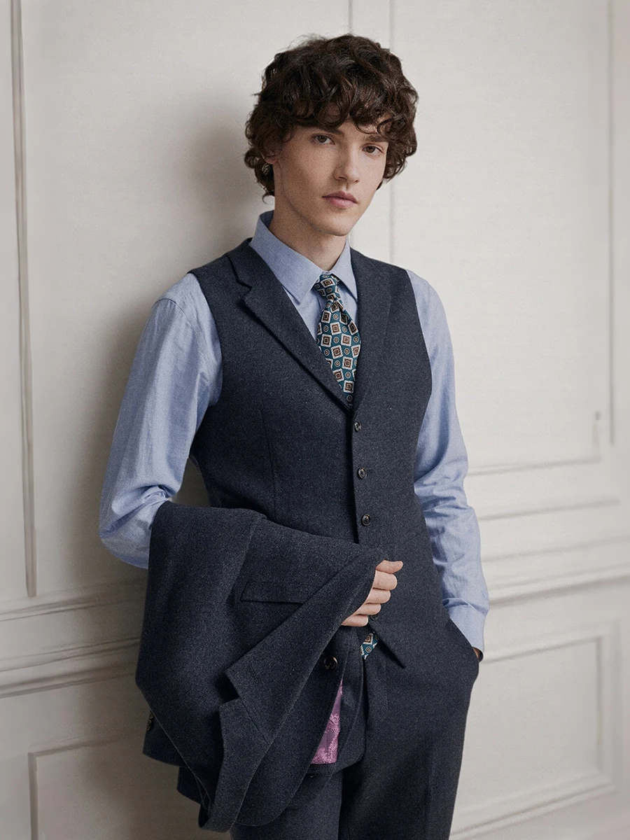 بدلة رجالية من الصوف الرمادي الفاخر 55% مكونة من 3 قطع، بدلة زفاف شتوية، 2025 نمط جديد ملابس رسمية لحفلات عيد الميلاد ملابس رسمية 58