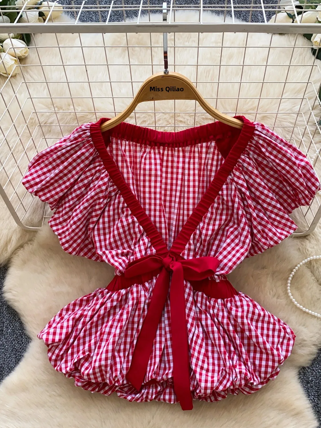

Breathable V-neck Women's Shirt Korean Style Retro Plaid Knot Waist-cinching Top Skin-friendly Comfortable Blouse