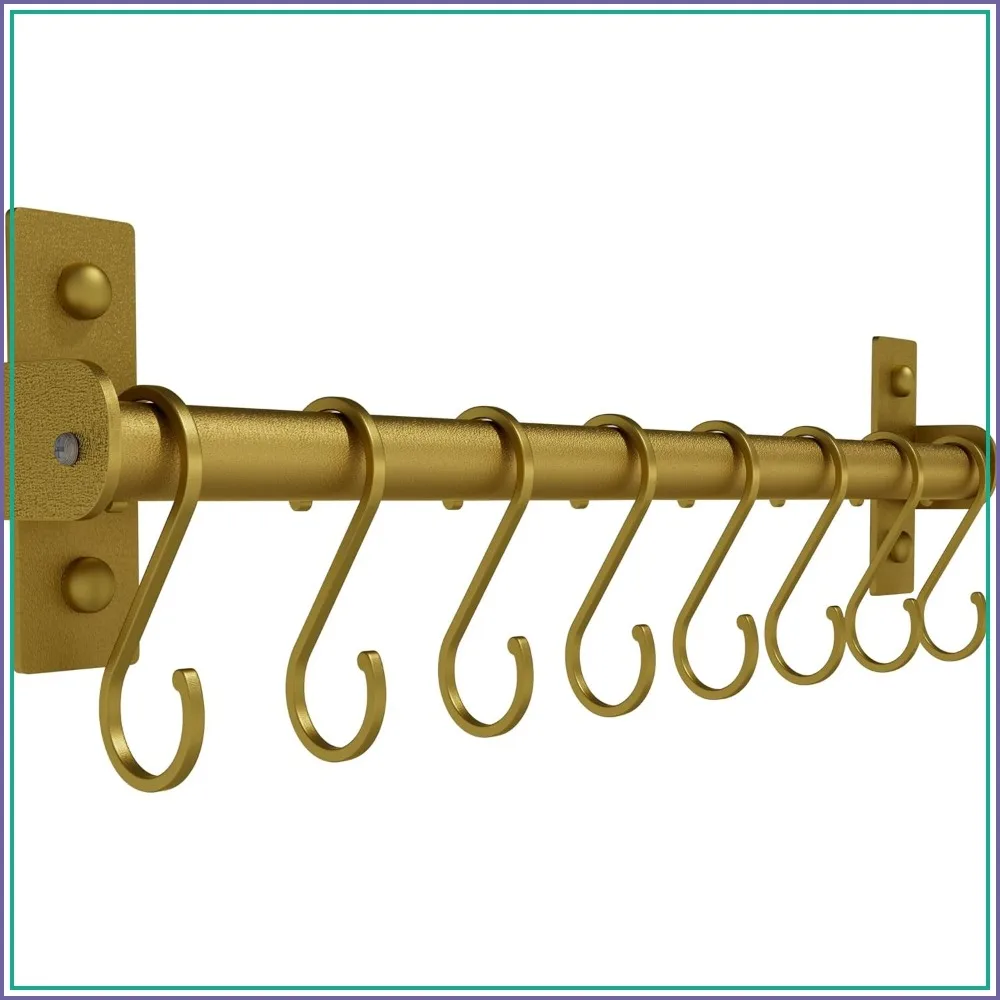 

Wall Mounted Kitchen Utensil Holder, Pot and Pan Rack with 8 Hooks for Hanging Cooking Tools, Mugs, Spoons - Gold