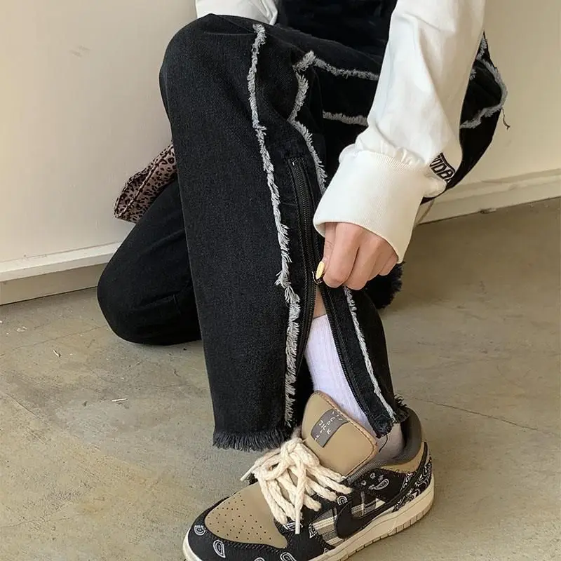 Black High Street Split Loose Jeans Women's Clothing Side Zipper Detail Denim Pants Fashion Wide Leg American Casual Trousers