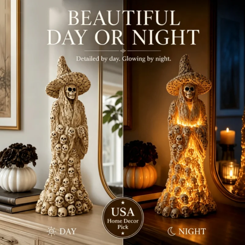 Halloween Skeleton Witch Resin Figurine Lamp, Warm Led Light‑up Skull Statue, Gothic Desktop Ornament For Home Party Decoration