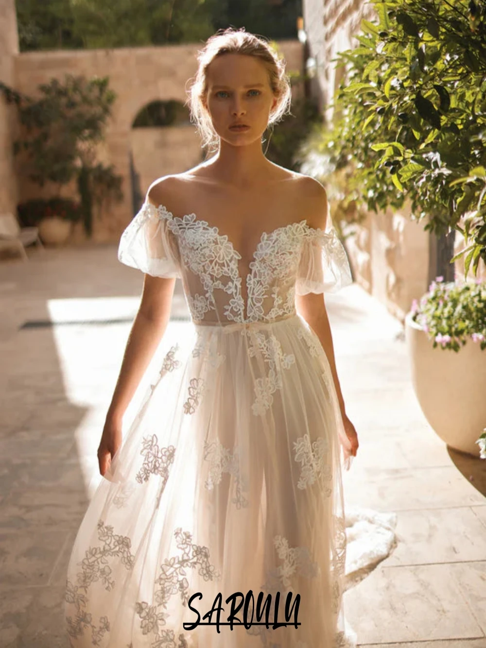 

Tulle A Line Wedding Dress For Women Princess Off Shoulder Customized Bridal Gown Simple Lace Appliques Charming Bride Wear