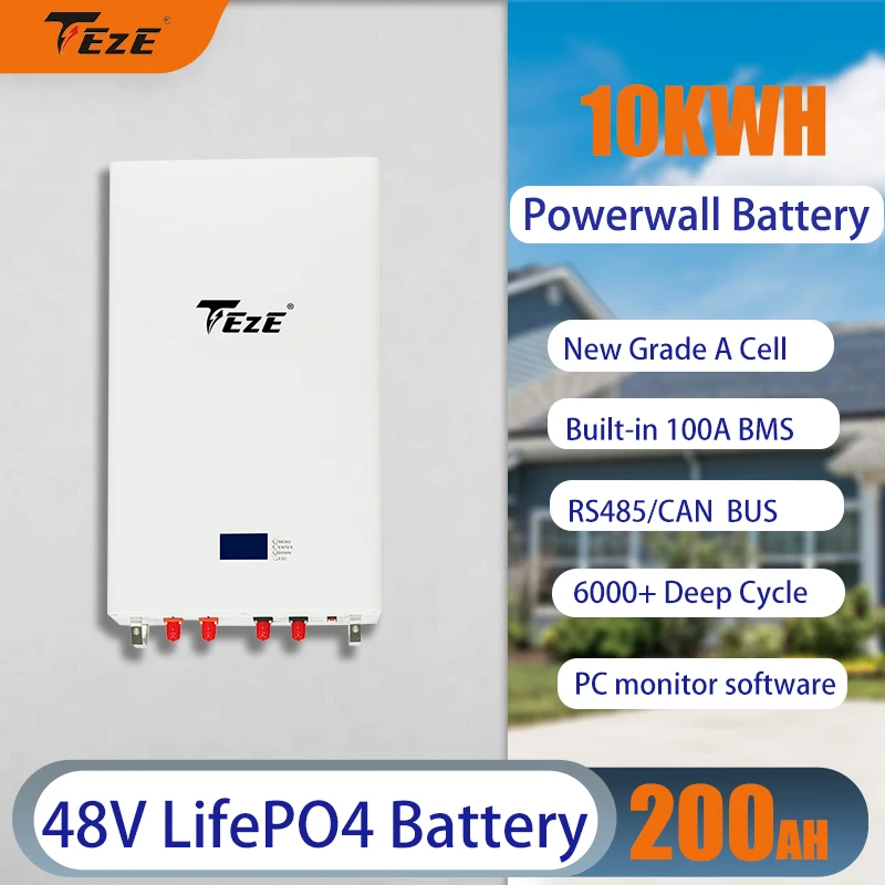 

TEZE 10KWH Powerwall 48V 200Ah LiFePO4 Battery Built-in BMS 6000 Cycle RS485/CAN BUS for Solar Storage System EU US TAX Free