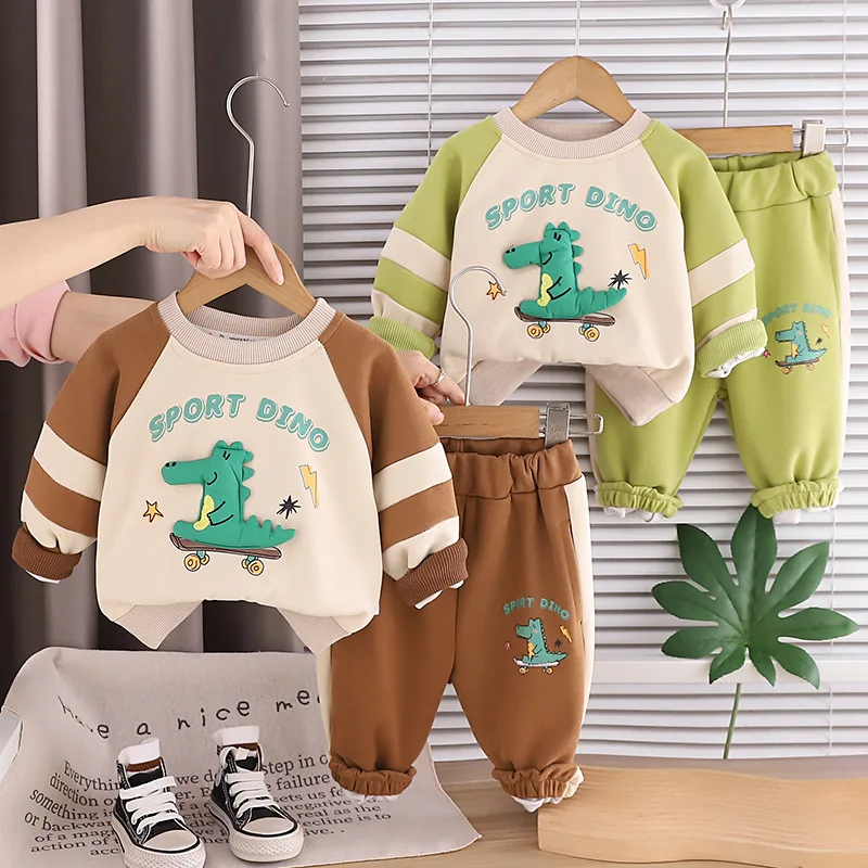 Spring Autumn Boys Clothing Set Patchwork Letter Print Cartoon Dinosaur Top+Pants 2Pcs Suit For 1-5 Years Kids Casual Outfit