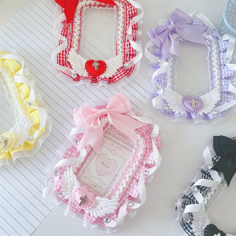 1Pc Kawaii Love Angel Wings Lace Card Holder Cute Aesthetic Girl Kpop 3-inch Photo Card Display Frame Craft Small Card Pendant