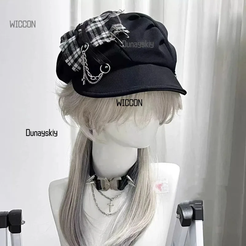 Gothic Punk Beret - Y2K Checkered Cloud  with Cross Embroidered Unisex Dark Academia Accessory Daily Wear & Halloween Cosplay