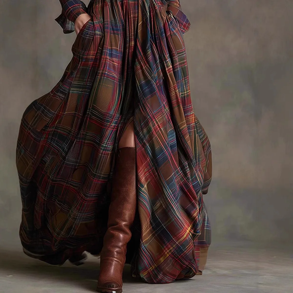 European American frauen Hemd Maxi Kleid Herbst Casual Langarm Taste Tasche Plaid Print Revers Retro Lange Kleid Vestidos