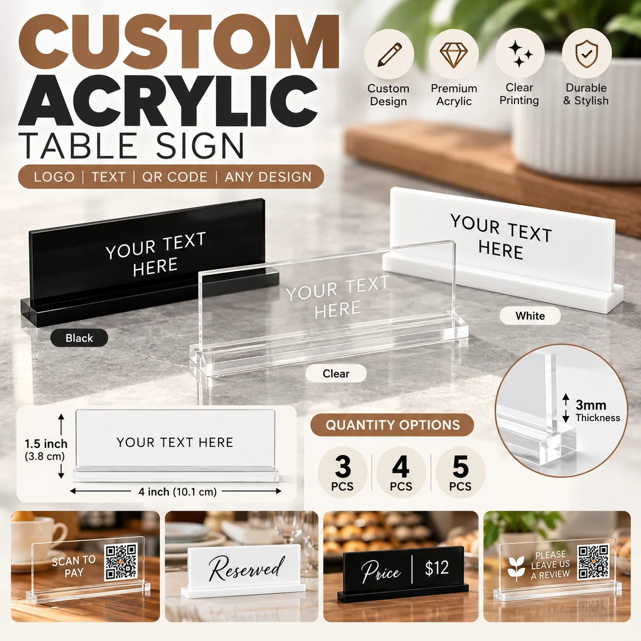 Custom Acrylic Table Sign Personalized Text Counter Name Price Menu Wedding Place Card Reception Business Display Event Decor