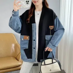 Women's Blue Denim Patchwork Cardigan, Korean Version, Fashionable Loose Sweater, Western Style Top, Autumn and Winter, New