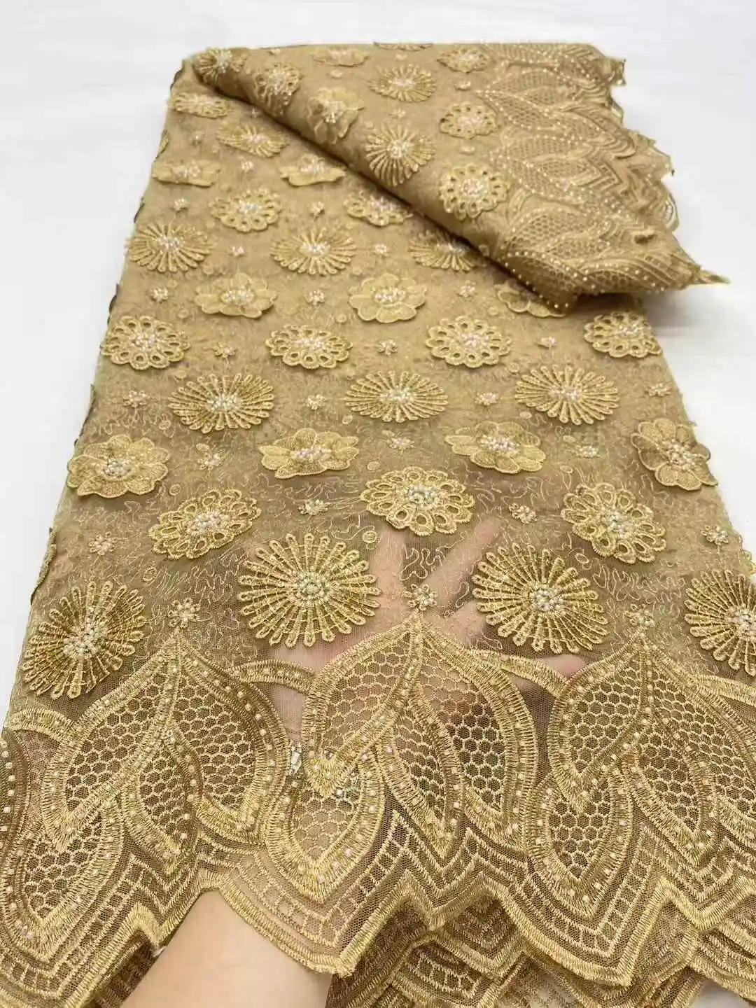 

2025African French Nigerian High End Guipure Lace Fabric With Beads Sequins Mesh for Embroidery Wedding Party Bride Sewing Dress