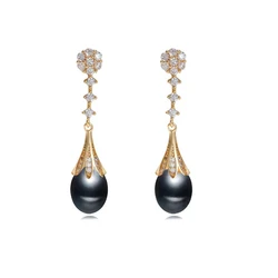 Pendientes de perlas naturales de agua dulce reales para mujer, pendiente de perlas chapado en oro, regalo de aniversario nupcial negro