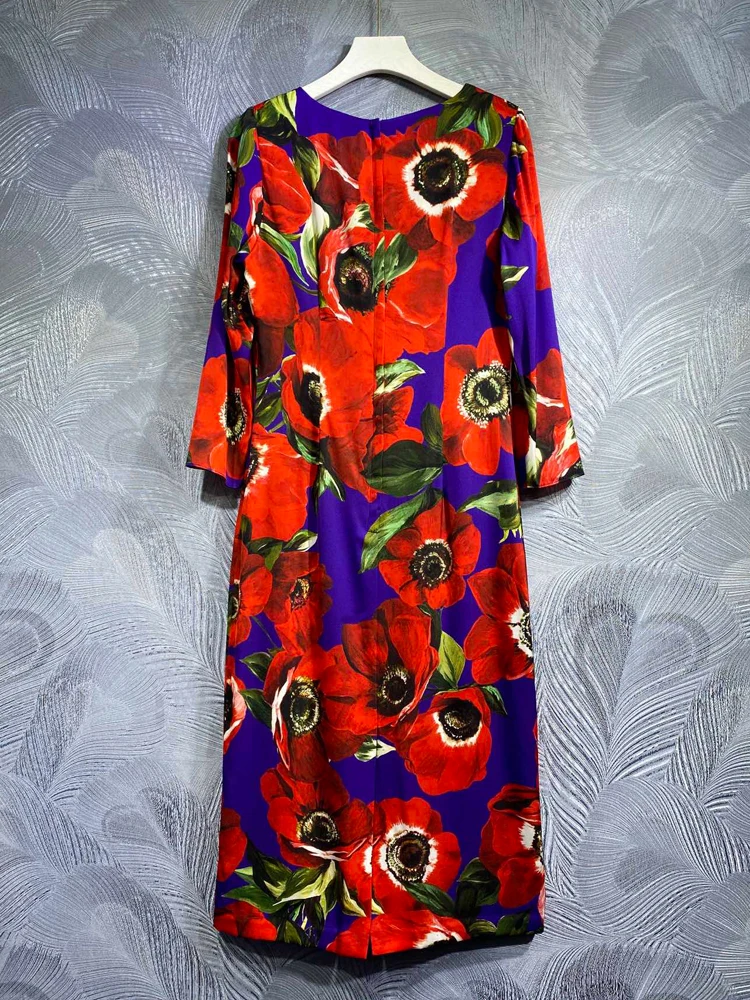 SEQINYYElegant Midi Dress for Women 100% Silk Vintage Red Purple Flower Print Runway High Quality Summer Spring New Fashion