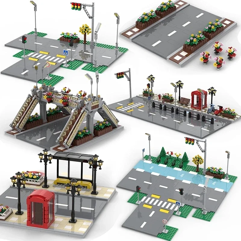 MOC Blocks City Friend Street View Plate Traffic Lights Sign Road Base Compatible Railroad Bridge Building Bricks DIY Kid Toys