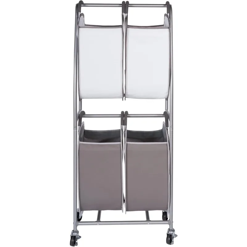 2 Tier Vertical Rolling Laundry Cart - Rolling Storage Cart On Wheels With 4 x Tote Hampers For Laundry, Towels