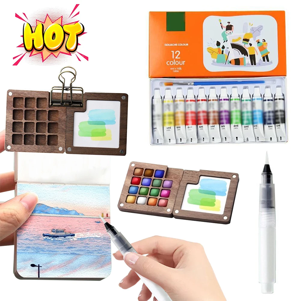 

8/15 Colors Portable Travel Watercolor Palette Set Mini Walnut Paint Box Artist Watercolor Paint Palette Sketchbook Art Supplies