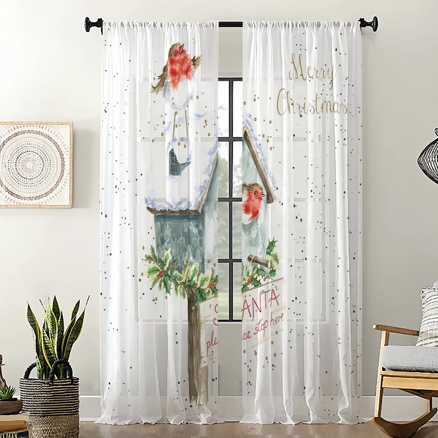 2PCS Christmas Winter Sheer Curtains, Robin Birdhouse, Digital Print, Bedroom Living Room, Rod Pocket Polyester, Home Decor