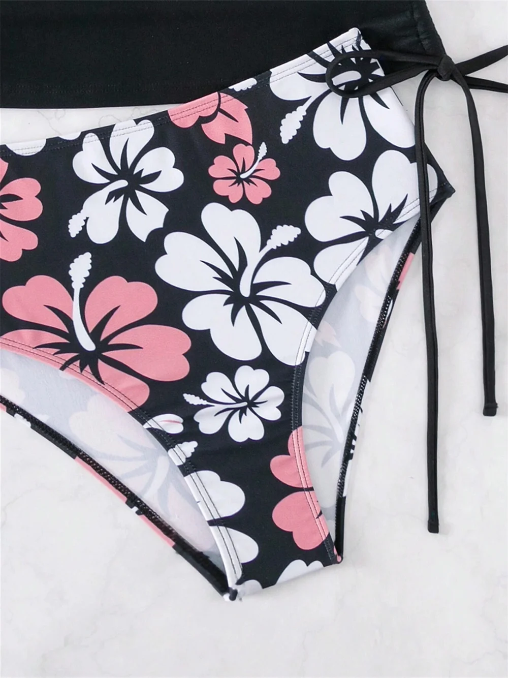 Black Tankini Top Floral Print Bikini Bottom Swimsuit Women Deep V Micro String Beach Outfit Sets Vacation Swimwear Bathing Suit