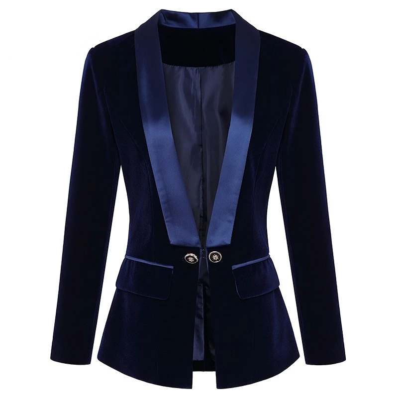 Dark Blue Black Blazer Women Spring Autumn Long Sleeve Velvet Coats Shawl Collar Single Button Blazers Women Jacket Coat Female