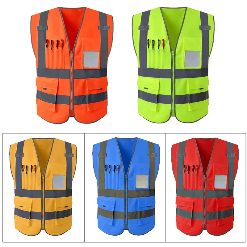 

Reflective Safety Vest with Pockets and Zipper Front Hi Vis Vest Orange High Visibility Vest Blue