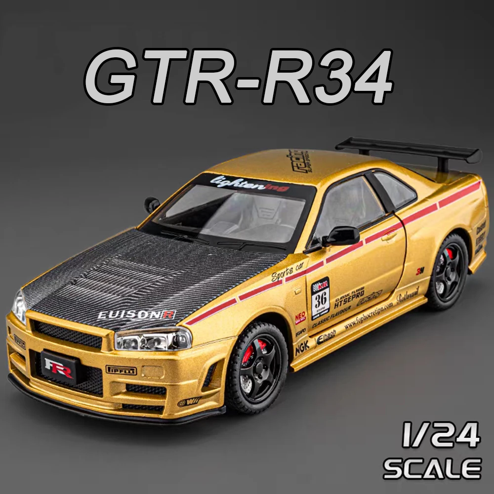 1:24 Alloy GTR-R34 EVO9 Models Cars Diecast Toys Doors Opened Miniature Supercar Wheels Turned Vehicles for Kids' Edutainment