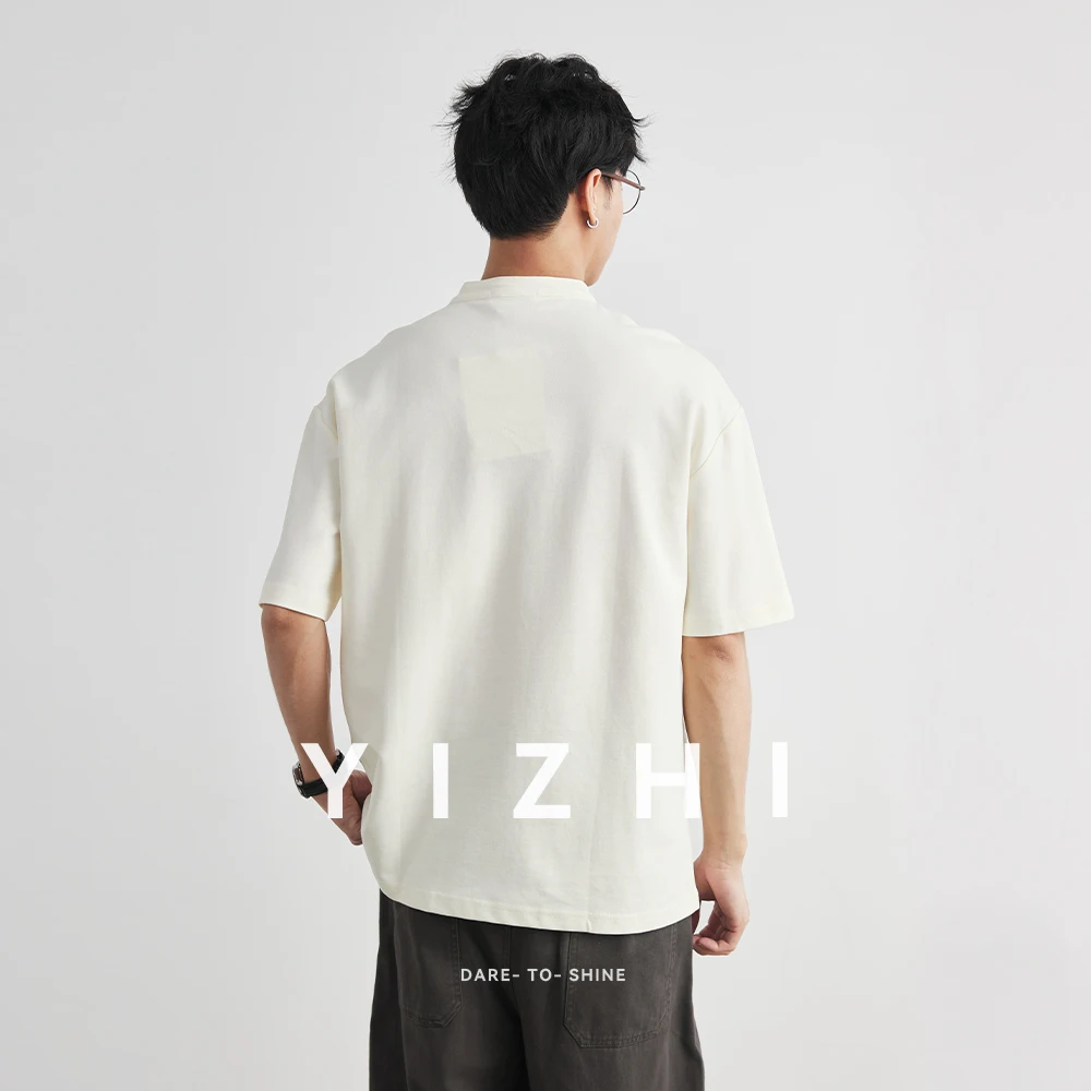 Men's 40S Double-sided Cotton New Chinese Style Henley Neck T-Shirt Summer Solid Color Loose Casual Versatile Short Sleeve