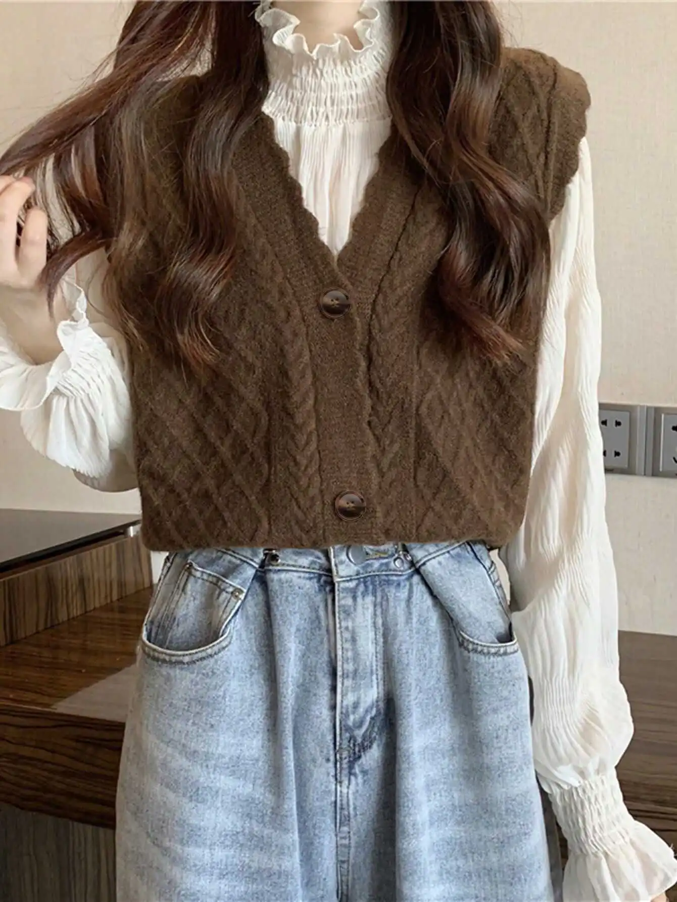 VintageCable KnitVest 여성용 가을/겨울 레이어드 아우터 숄더 조끼 스웨터 카디건 민소매 탑 쁘띠