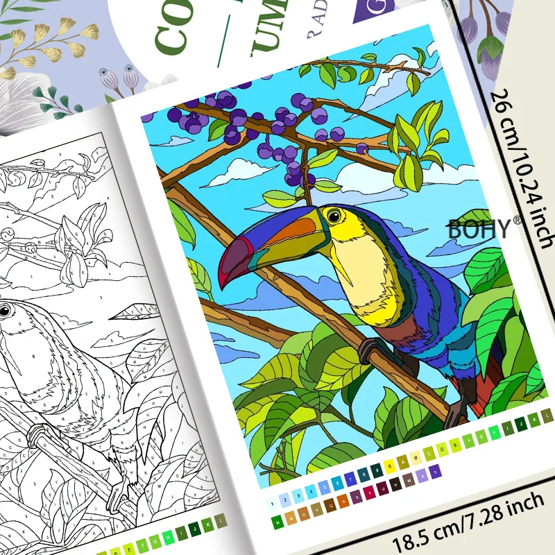 A Digital Coloring Drawing Book with 32 Pages, Themes with Flower Clusters/butterflies/forest Toucans/reindeer/glass Wind Lilies