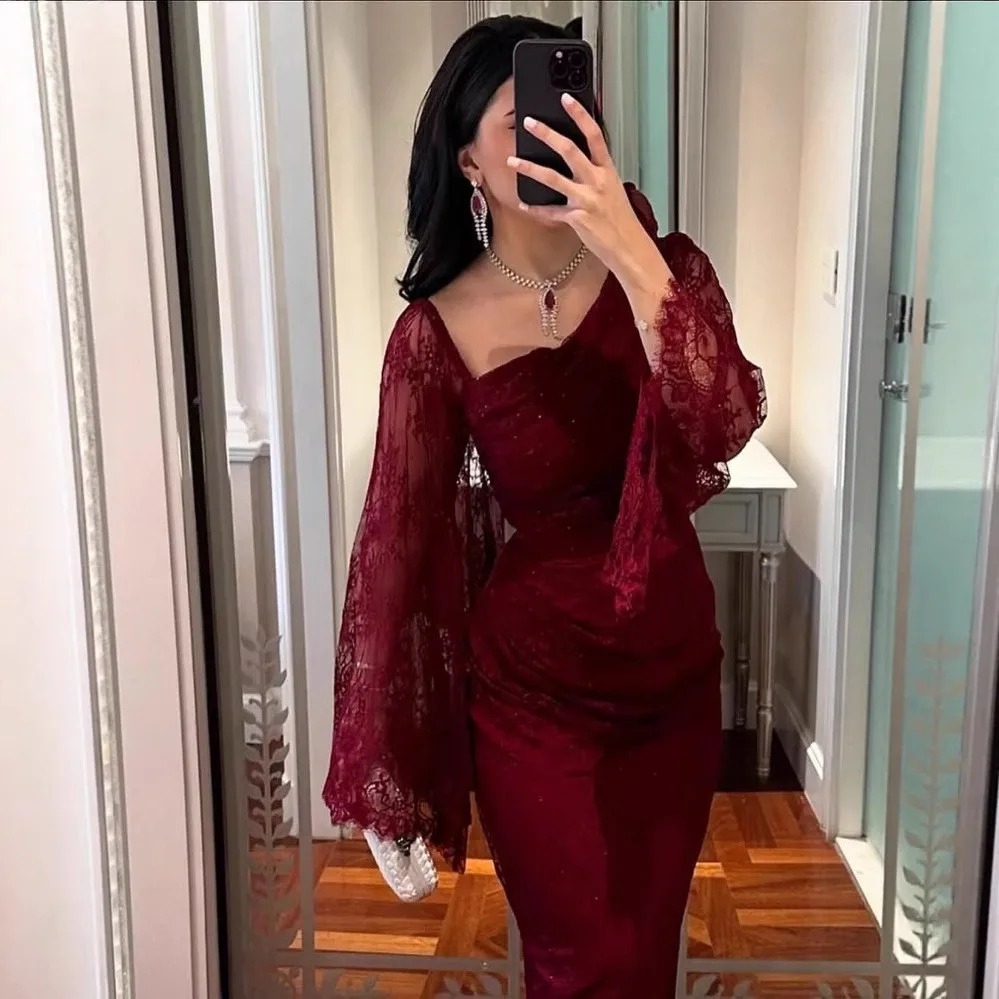 Women's Long Lace Rhinestone Long Sleeve Bodycon Dress for Wedding Guest Party Prom Elegant Party Wedding Party Guest Wedding