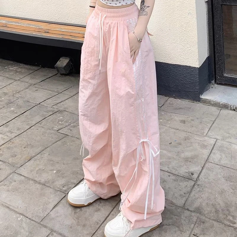 QWEEK Y2k Pantaloni cargo a righe oversize Donna Harajuku Casual Dolce fiocco Baggy Pantaloni estivi a gamba larga Pantaloni America Style Street