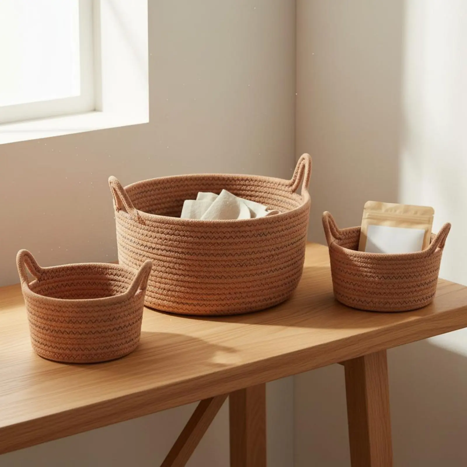 

Cat Ear Storage Basket Handmade Desktop Organizer Basket Organizer with Cat Ears Cute Design Woven Cotton Rope Bin Long-Lasting