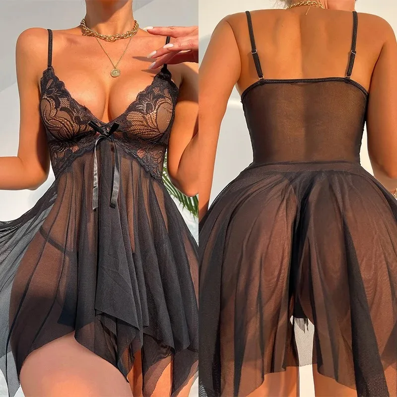 

Women's Sexy Nightwear Black Lace Mesh Perspective Exotic Dress Sexy Lingerie Women Pajamas Ackless Female Sexy Nighties